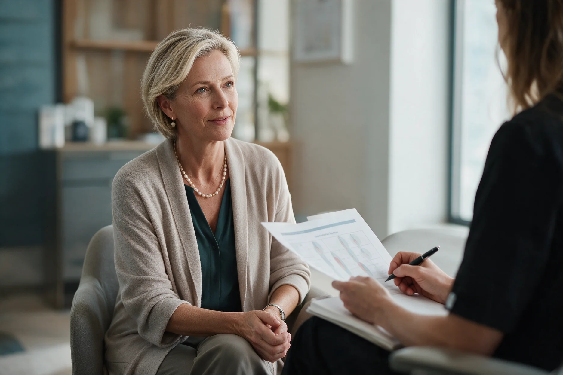 A clinician discussing hormone therapy with a patient.
